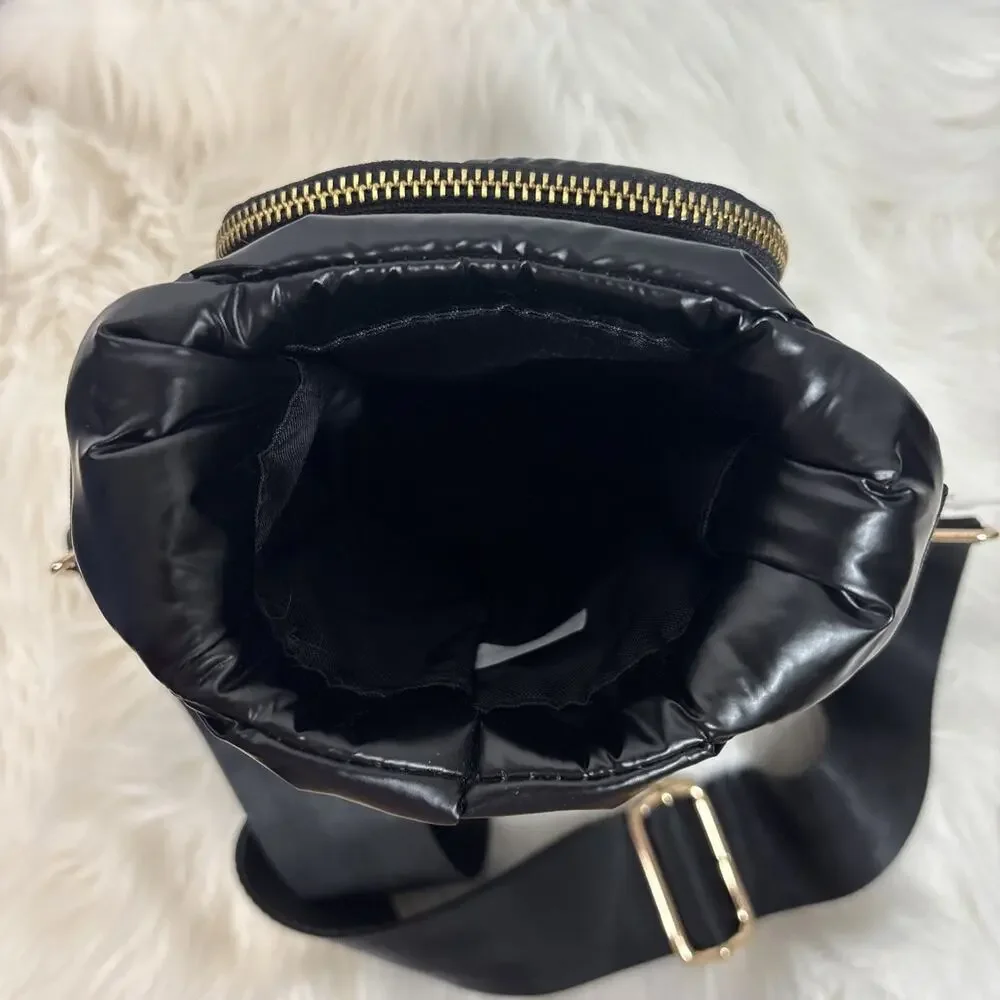 Wanderfull Hydrobag with 34oz Water Bottle Black Shiny Puffer Bag Gold Hardware